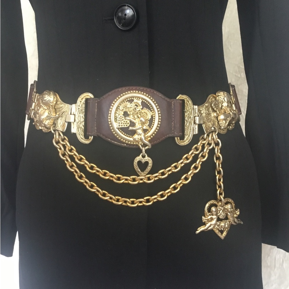 Streets Ahead Brown Leather Belt with Gold Medallion & Chains